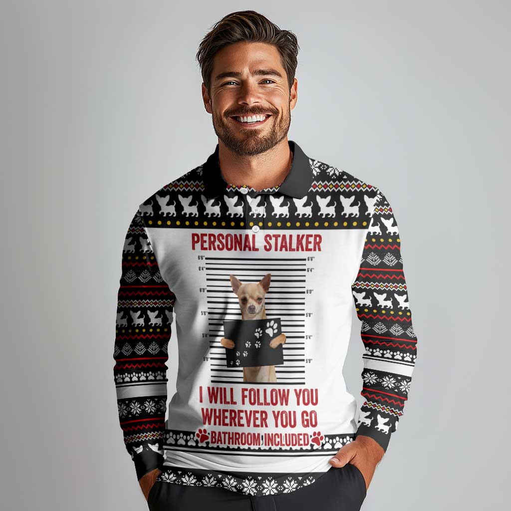 Chihuahua Personal Stalker Christmas Long Sleeve Polo Shirt Xmas Holiday Patterns - Wonder Print Shop