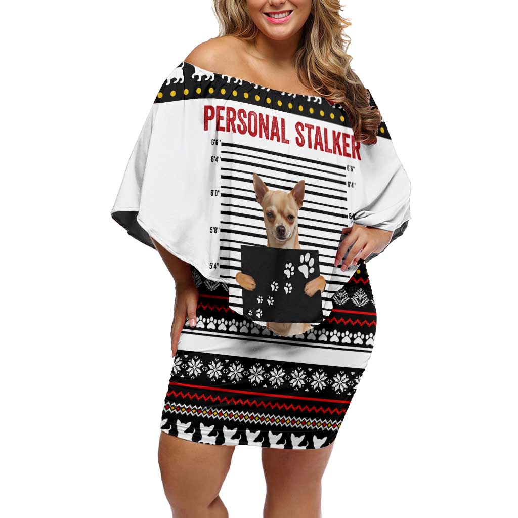 Chihuahua Personal Stalker Christmas Off Shoulder Short Dress Xmas Holiday Patterns - Wonder Print Shop