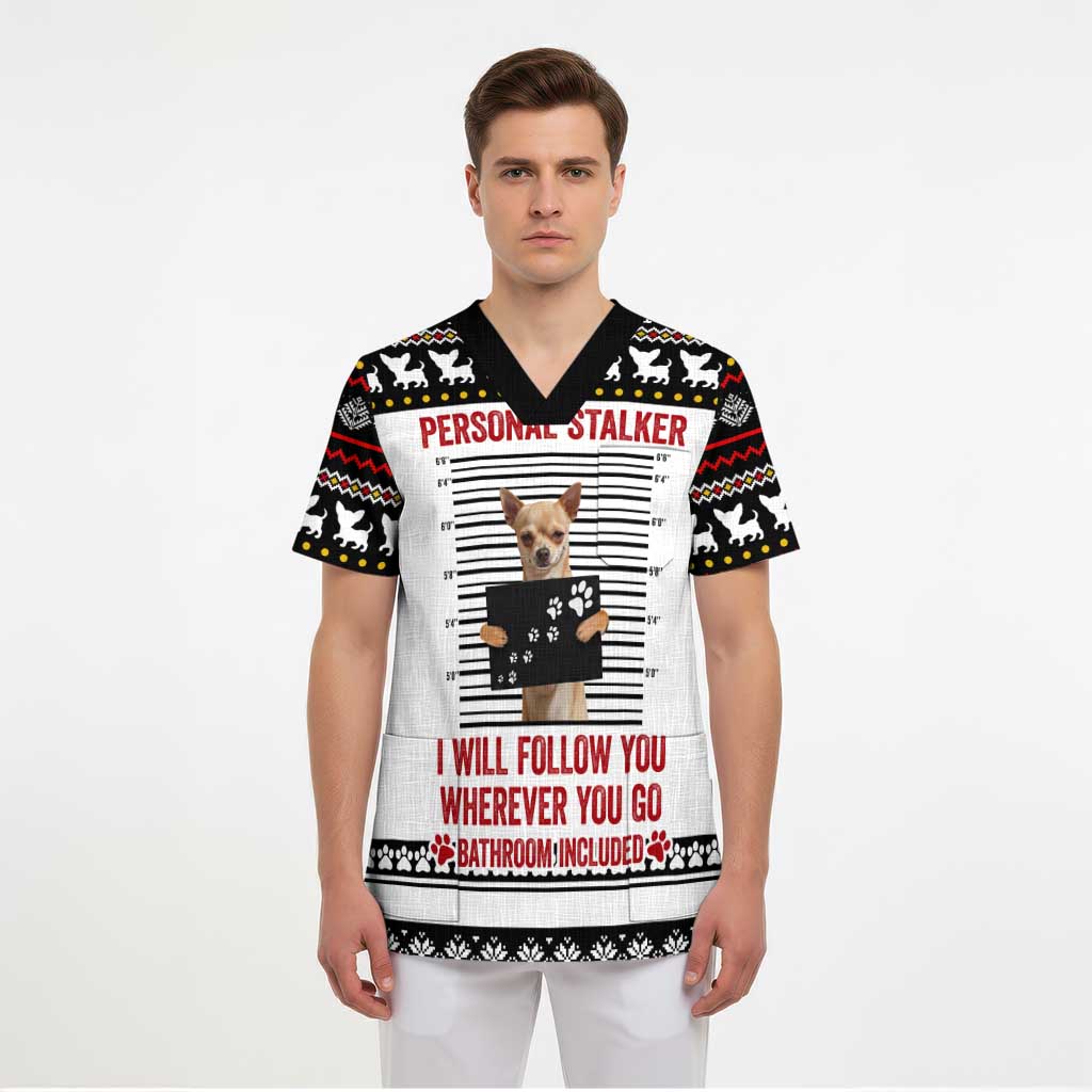 Chihuahua Personal Stalker Christmas Scrub Top Xmas Holiday Patterns - Wonder Print Shop