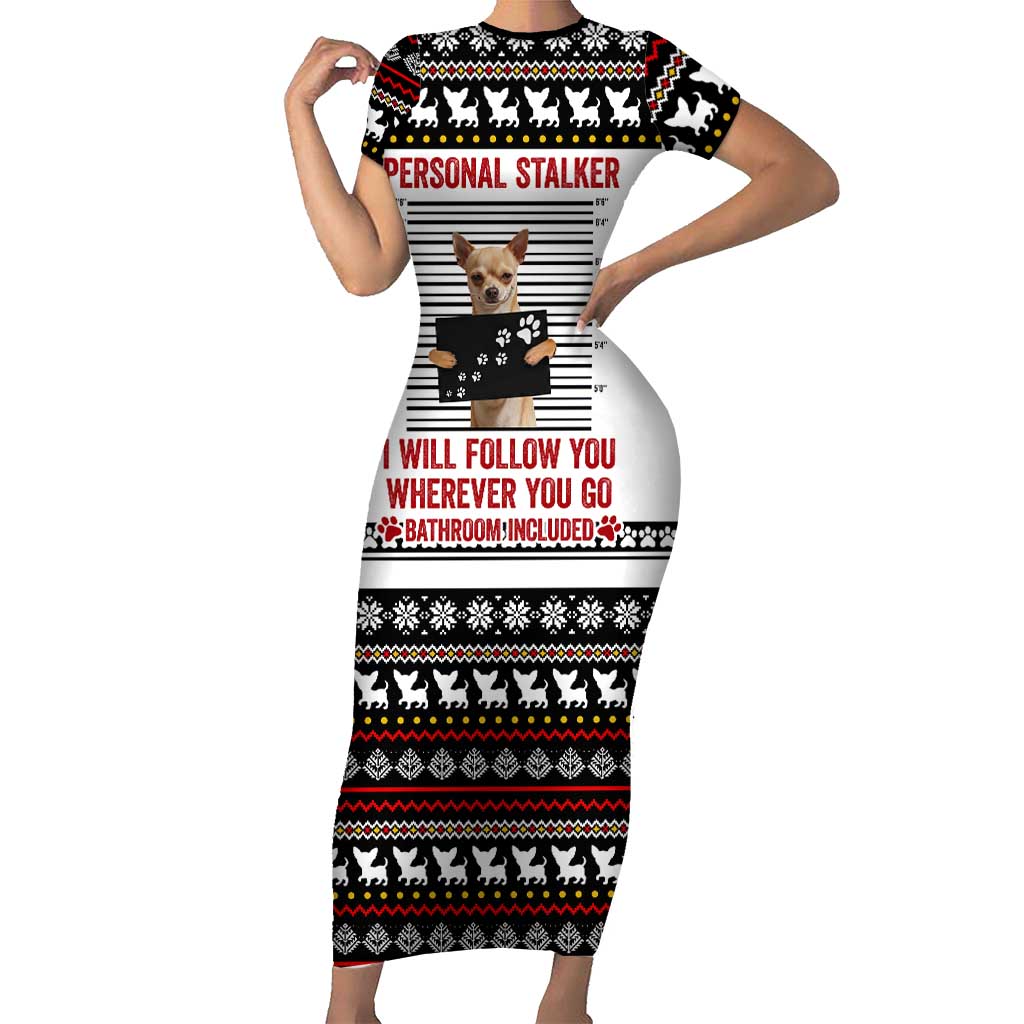 Chihuahua Personal Stalker Christmas Short Sleeve Bodycon Dress Xmas Holiday Patterns - Wonder Print Shop