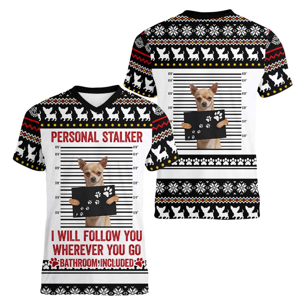 Chihuahua Personal Stalker Christmas Women V-Neck T-Shirt Xmas Holiday Patterns - Wonder Print Shop