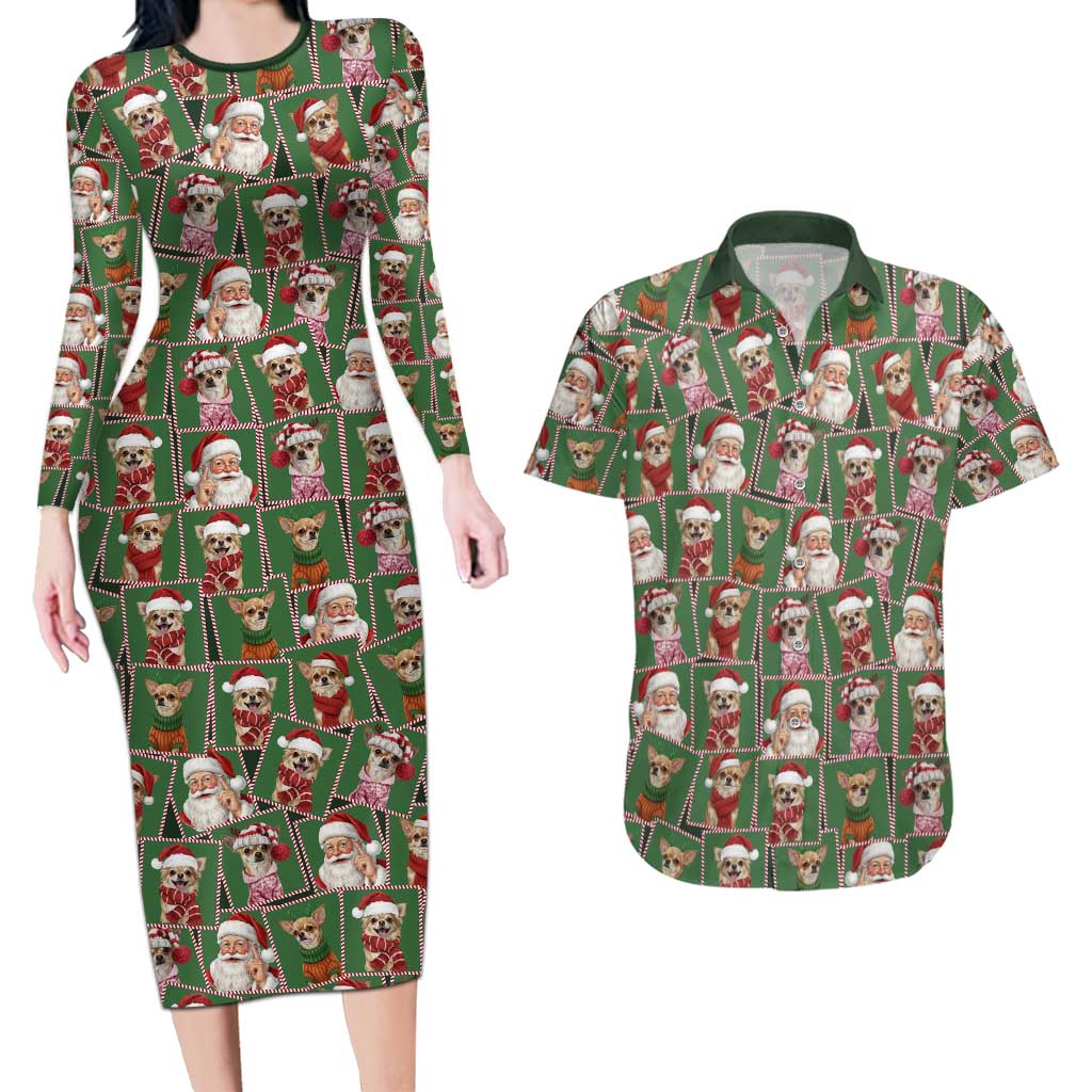 Chihuahua Santa Clau Christmas Couples Matching Long Sleeve Bodycon Dress and Hawaiian Shirt Xmas Holiday Patterns - Wonder Print Shop