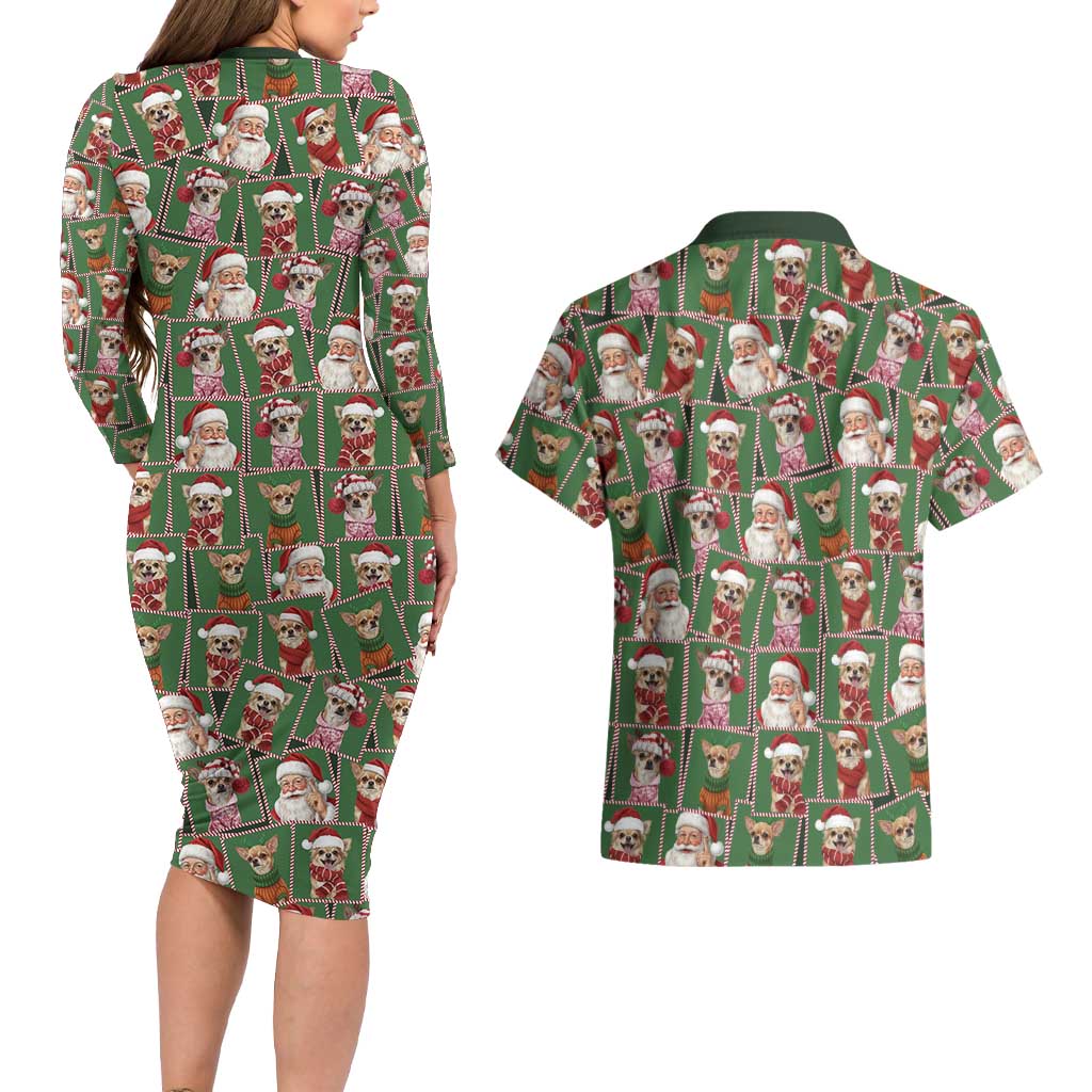 Chihuahua Santa Clau Christmas Couples Matching Long Sleeve Bodycon Dress and Hawaiian Shirt Xmas Holiday Patterns - Wonder Print Shop