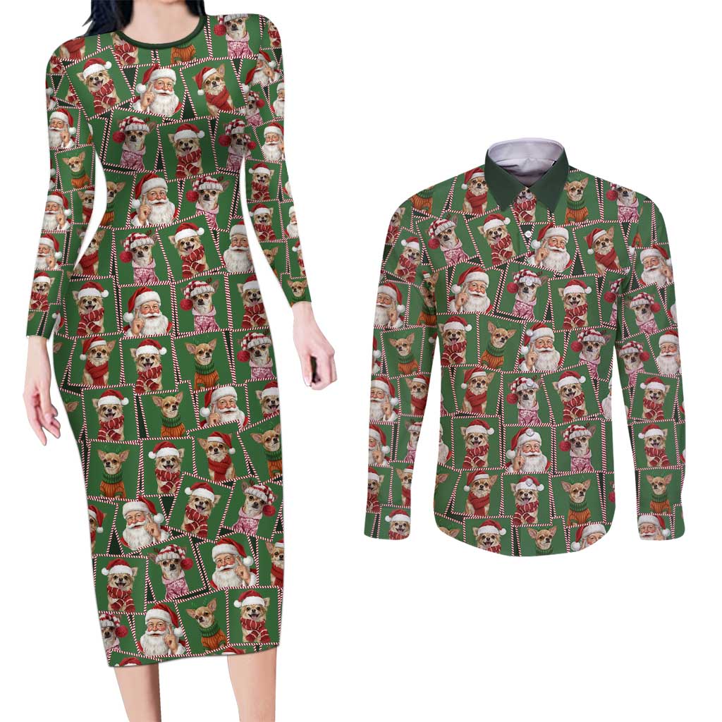 Chihuahua Santa Clau Christmas Couples Matching Long Sleeve Bodycon Dress and Long Sleeve Button Shirt Xmas Holiday Patterns - Wonder Print Shop