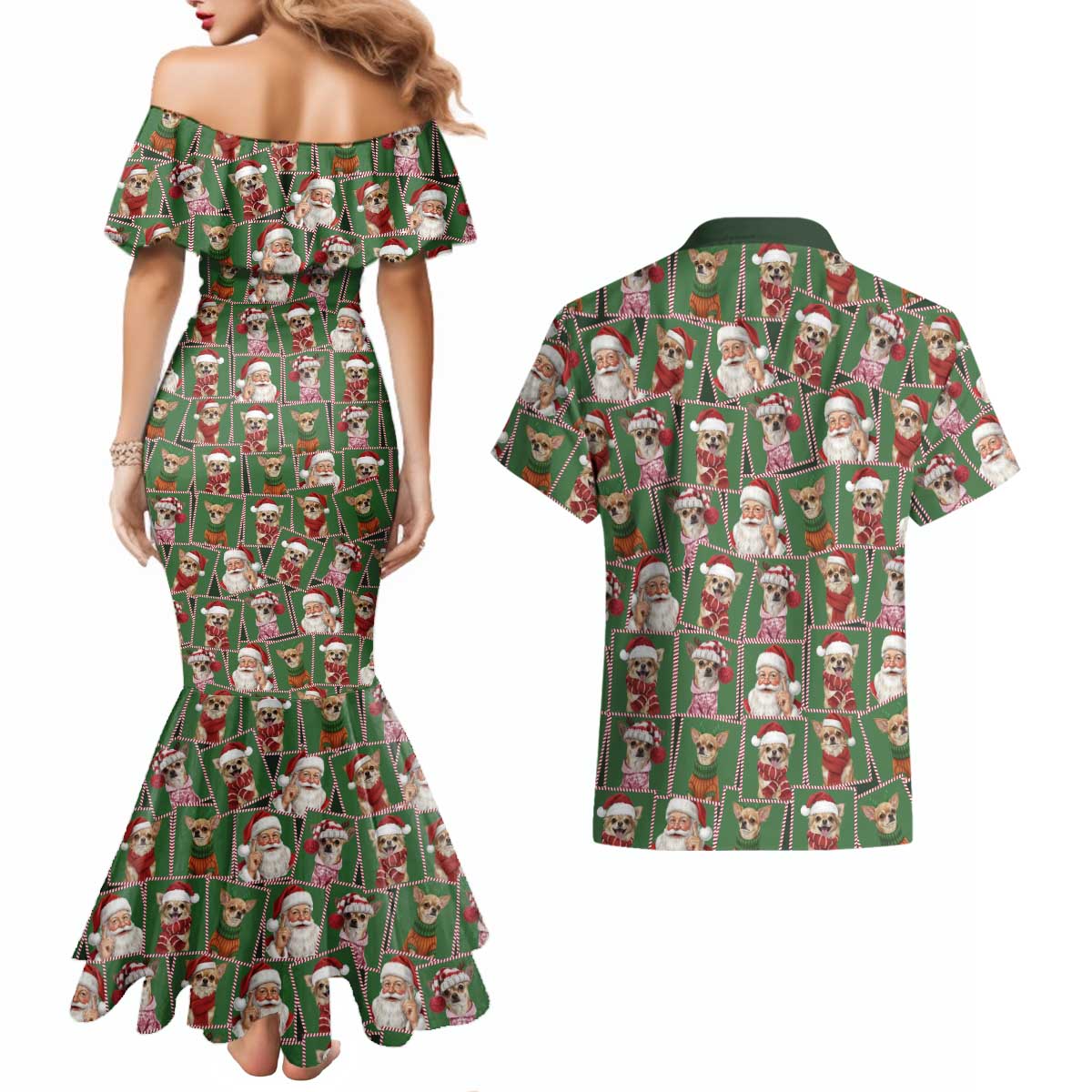 Chihuahua Santa Clau Christmas Couples Matching Mermaid Dress and Hawaiian Shirt Xmas Holiday Patterns - Wonder Print Shop