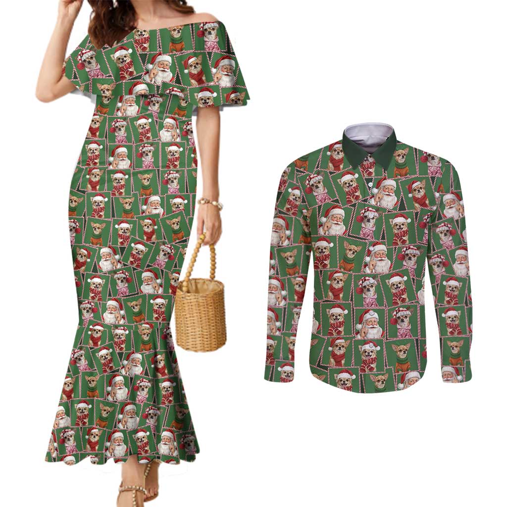 Chihuahua Santa Clau Christmas Couples Matching Mermaid Dress and Long Sleeve Button Shirt Xmas Holiday Patterns - Wonder Print Shop