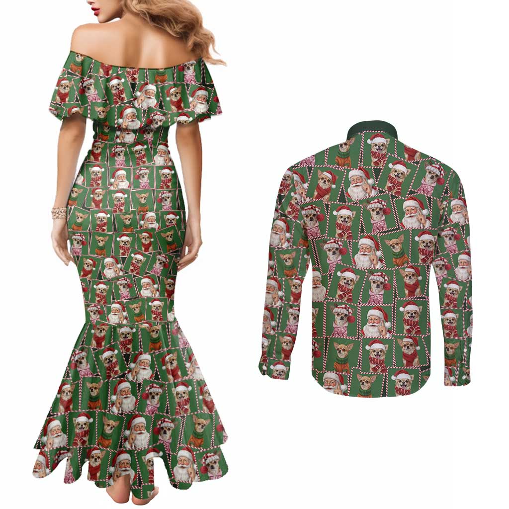 Chihuahua Santa Clau Christmas Couples Matching Mermaid Dress and Long Sleeve Button Shirt Xmas Holiday Patterns - Wonder Print Shop