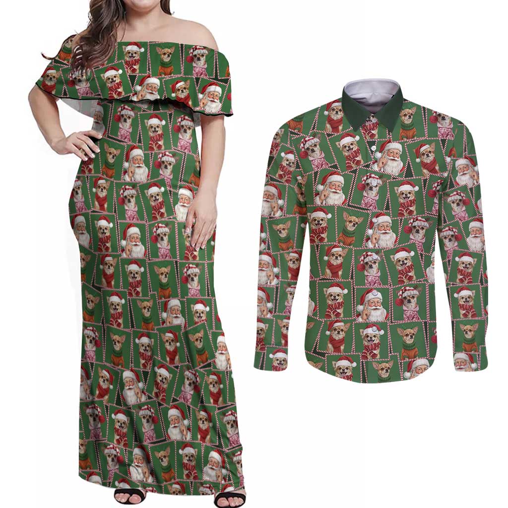 Chihuahua Santa Clau Christmas Couples Matching Off Shoulder Maxi Dress and Long Sleeve Button Shirt Xmas Holiday Patterns - Wonder Print Shop