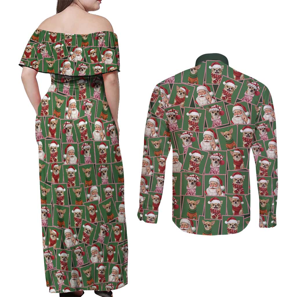 Chihuahua Santa Clau Christmas Couples Matching Off Shoulder Maxi Dress and Long Sleeve Button Shirt Xmas Holiday Patterns - Wonder Print Shop