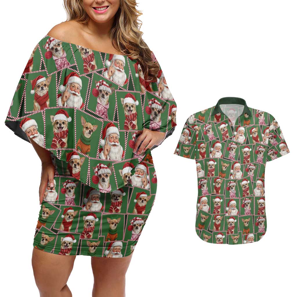 Chihuahua Santa Clau Christmas Couples Matching Off Shoulder Short Dress and Hawaiian Shirt Xmas Holiday Patterns - Wonder Print Shop