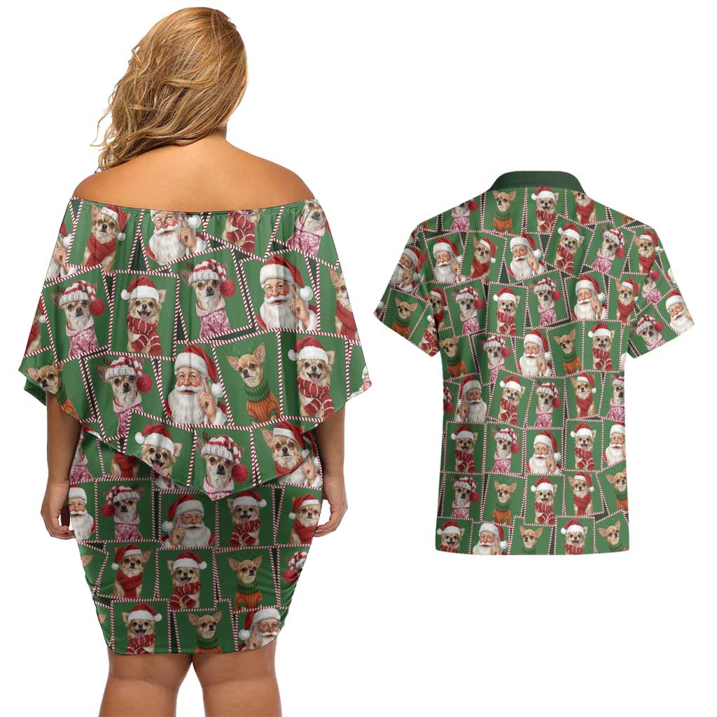 Chihuahua Santa Clau Christmas Couples Matching Off Shoulder Short Dress and Hawaiian Shirt Xmas Holiday Patterns - Wonder Print Shop