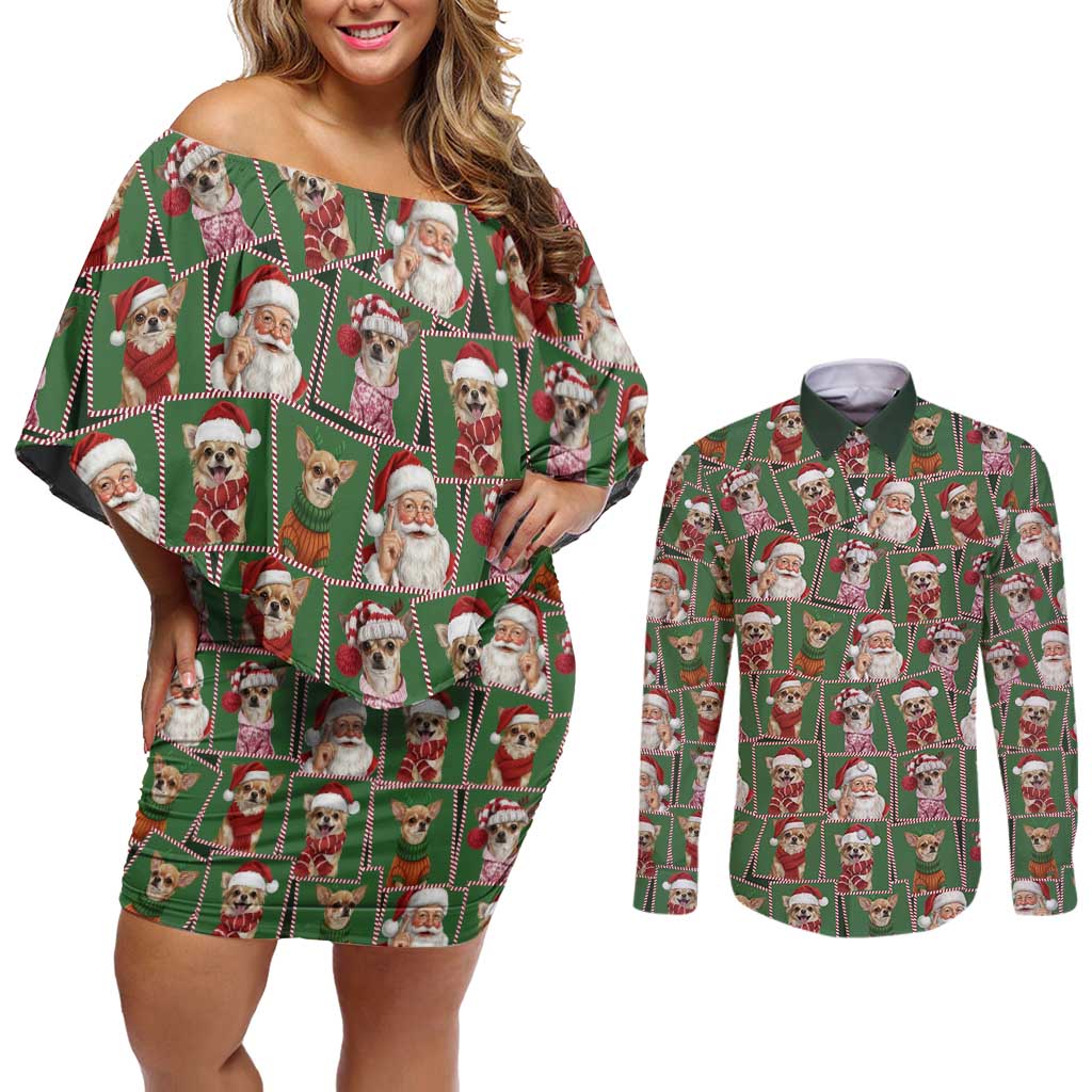 Chihuahua Santa Clau Christmas Couples Matching Off Shoulder Short Dress and Long Sleeve Button Shirt Xmas Holiday Patterns - Wonder Print Shop