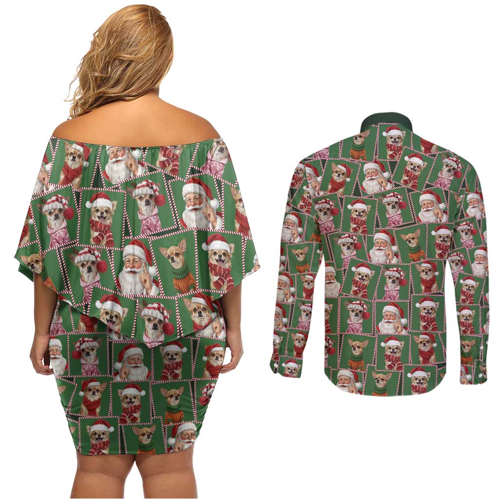 Chihuahua Santa Clau Christmas Couples Matching Off Shoulder Short Dress and Long Sleeve Button Shirt Xmas Holiday Patterns - Wonder Print Shop