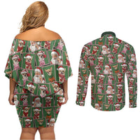 Chihuahua Santa Clau Christmas Couples Matching Off Shoulder Short Dress and Long Sleeve Button Shirt Xmas Holiday Patterns - Wonder Print Shop