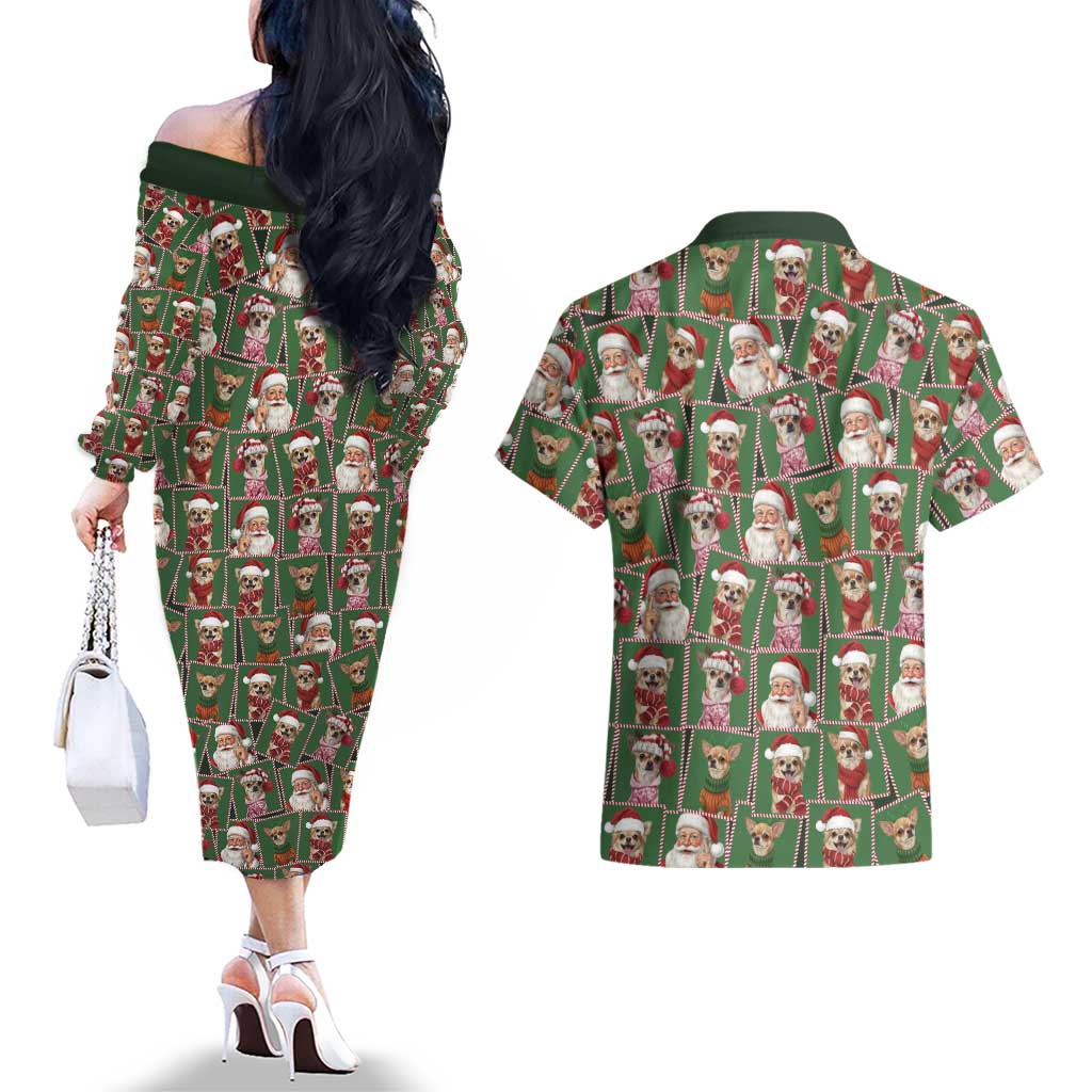 Chihuahua Santa Clau Christmas Couples Matching Off The Shoulder Long Sleeve Dress and Hawaiian Shirt Xmas Holiday Patterns - Wonder Print Shop