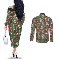 Chihuahua Santa Clau Christmas Couples Matching Off The Shoulder Long Sleeve Dress and Long Sleeve Button Shirt Xmas Holiday Patterns - Wonder Print Shop