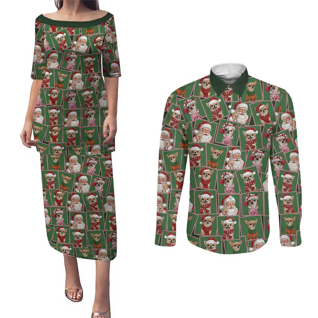 Chihuahua Santa Clau Christmas Couples Matching Puletasi and Long Sleeve Button Shirt Xmas Holiday Patterns - Wonder Print Shop