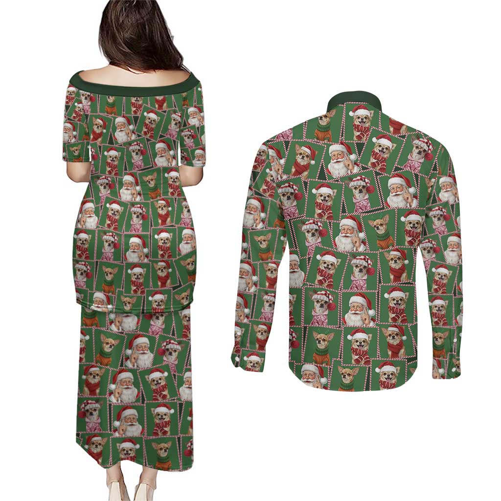 Chihuahua Santa Clau Christmas Couples Matching Puletasi and Long Sleeve Button Shirt Xmas Holiday Patterns - Wonder Print Shop