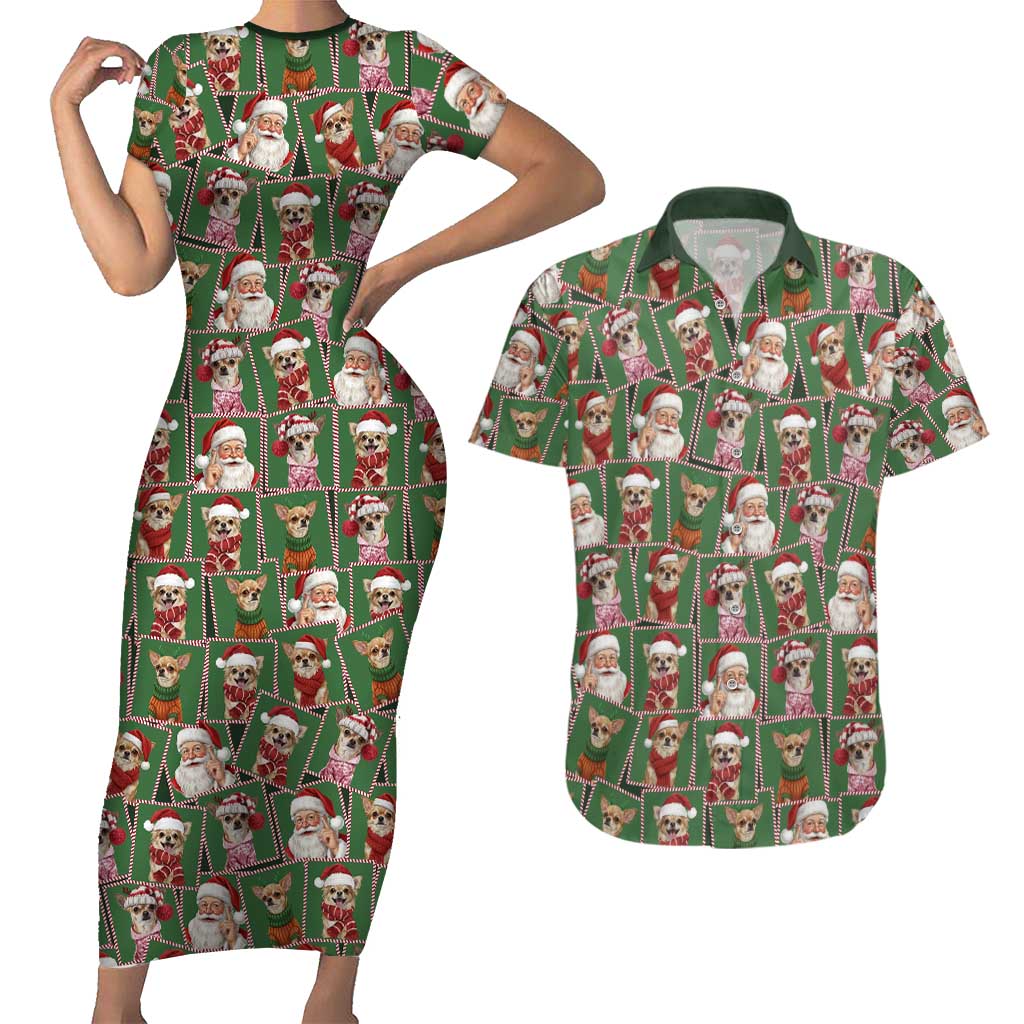 Chihuahua Santa Clau Christmas Couples Matching Short Sleeve Bodycon Dress and Hawaiian Shirt Xmas Holiday Patterns - Wonder Print Shop