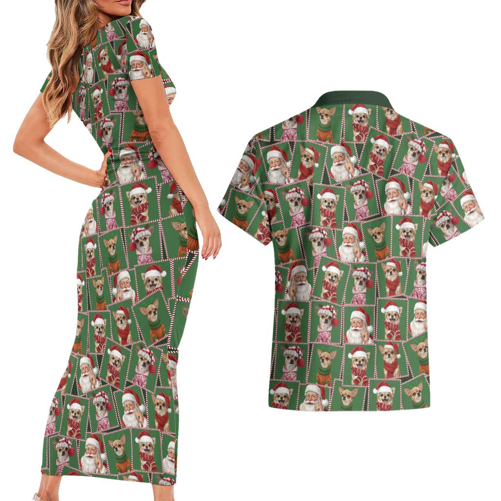Chihuahua Santa Clau Christmas Couples Matching Short Sleeve Bodycon Dress and Hawaiian Shirt Xmas Holiday Patterns - Wonder Print Shop