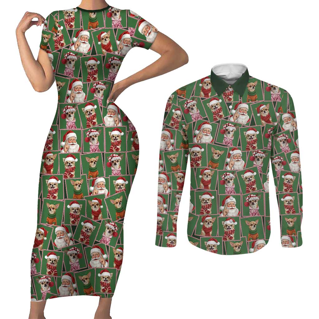 Chihuahua Santa Clau Christmas Couples Matching Short Sleeve Bodycon Dress and Long Sleeve Button Shirt Xmas Holiday Patterns - Wonder Print Shop