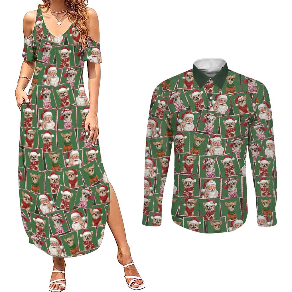 Chihuahua Santa Clau Christmas Couples Matching Summer Maxi Dress and Long Sleeve Button Shirt Xmas Holiday Patterns - Wonder Print Shop