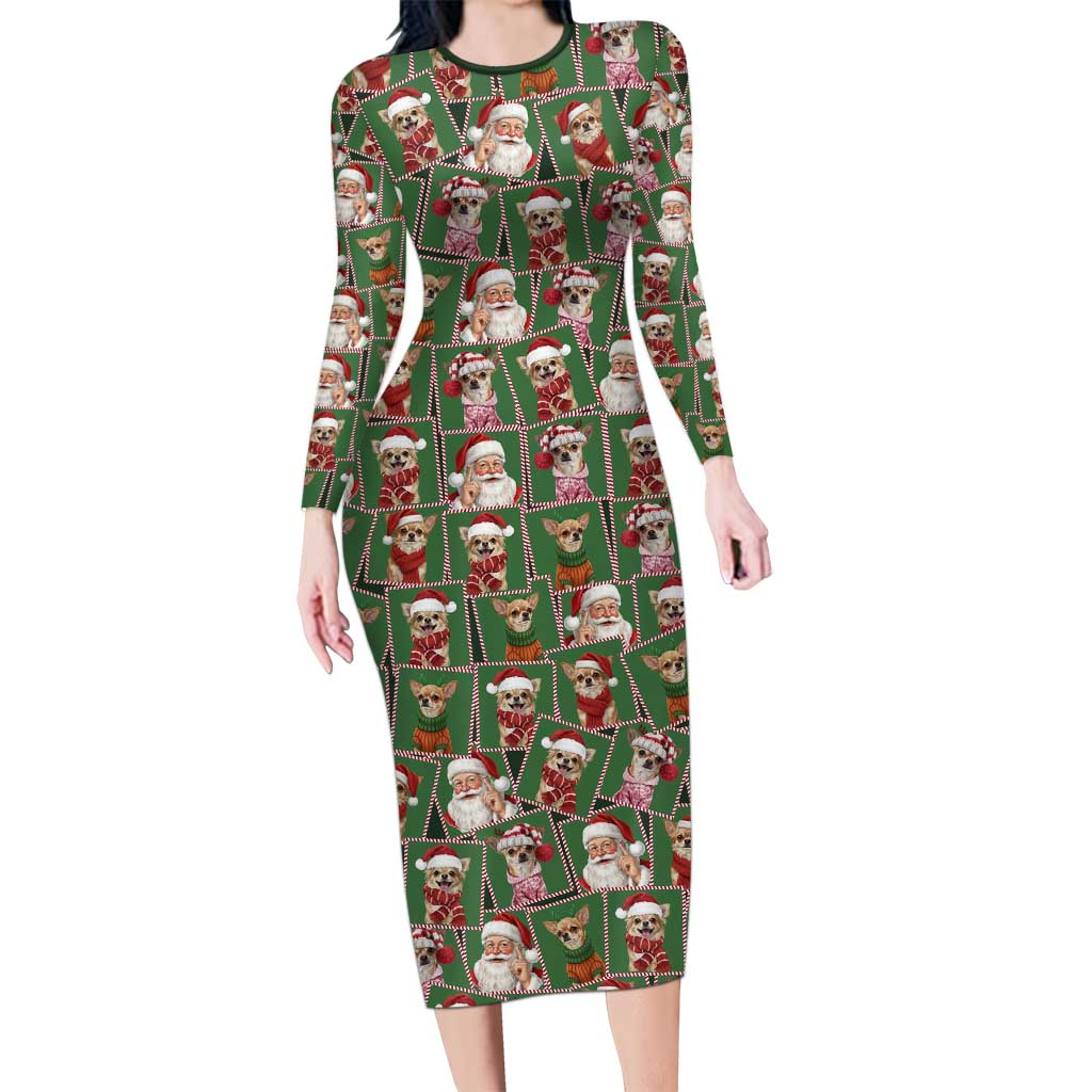 Chihuahua Santa Clau Christmas Family Matching Long Sleeve Bodycon Dress and Hawaiian Shirt Xmas Holiday Patterns - Wonder Print Shop