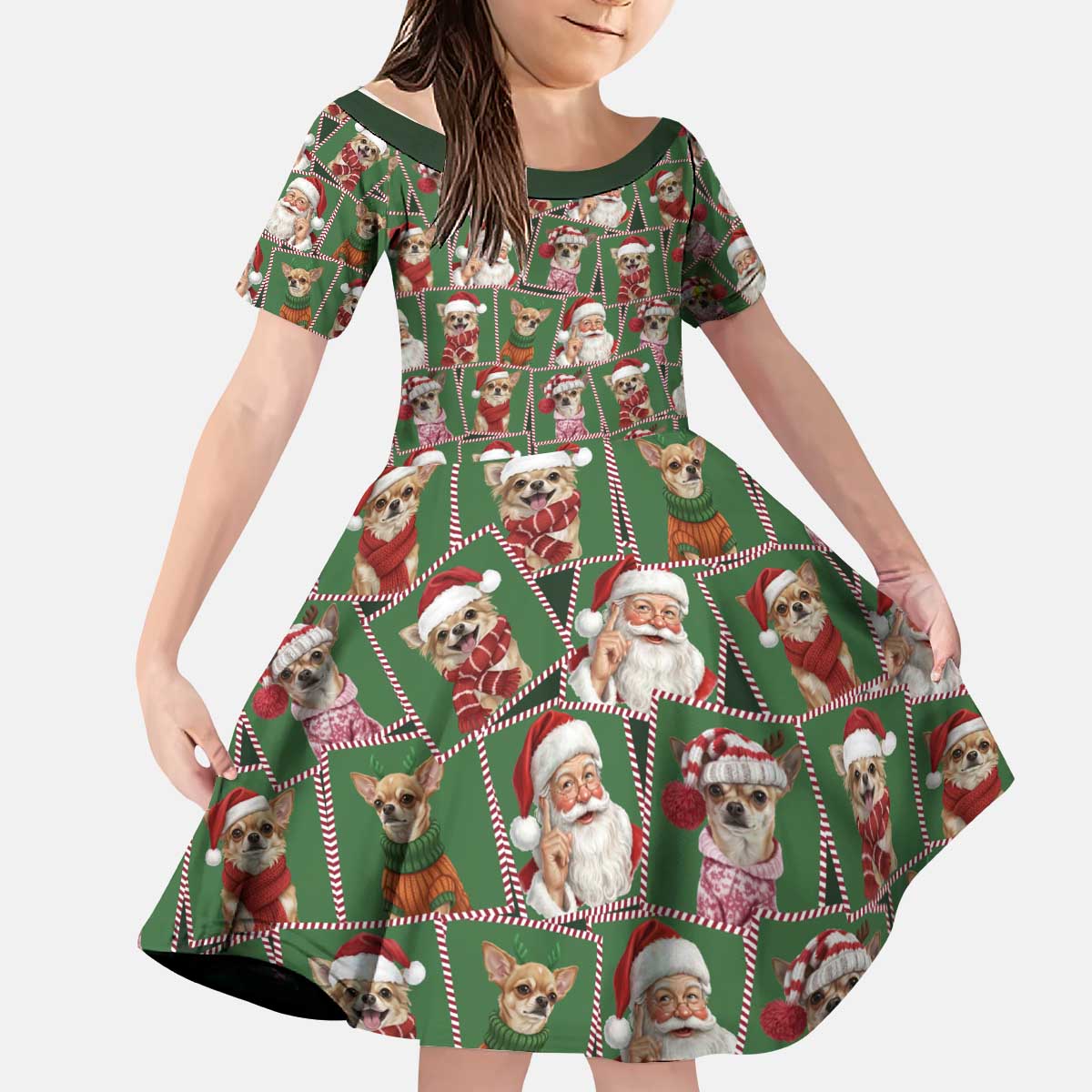 Chihuahua Santa Clau Christmas Kid Short Sleeve Dress Xmas Holiday Patterns - Wonder Print Shop