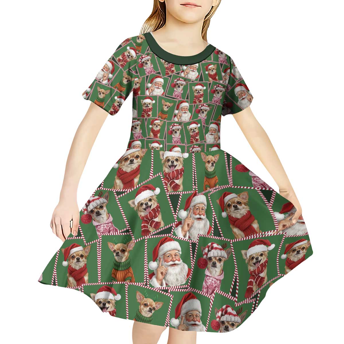 Chihuahua Santa Clau Christmas Kid Short Sleeve Dress Xmas Holiday Patterns - Wonder Print Shop