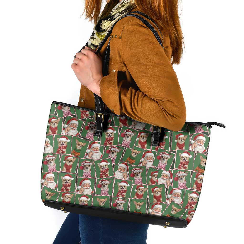 Chihuahua Santa Clau Christmas Leather Tote Bag Xmas Holiday Patterns - Wonder Print Shop