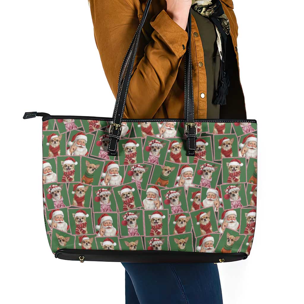 Chihuahua Santa Clau Christmas Leather Tote Bag Xmas Holiday Patterns - Wonder Print Shop