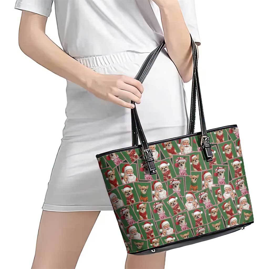 Chihuahua Santa Clau Christmas Leather Tote Bag Xmas Holiday Patterns - Wonder Print Shop