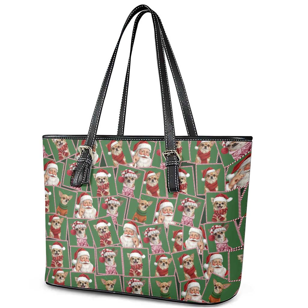 Chihuahua Santa Clau Christmas Leather Tote Bag Xmas Holiday Patterns - Wonder Print Shop