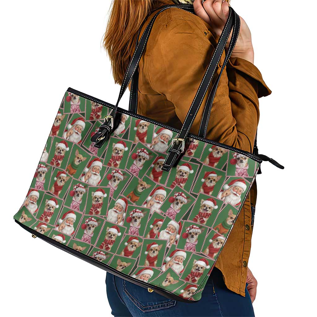 Chihuahua Santa Clau Christmas Leather Tote Bag Xmas Holiday Patterns - Wonder Print Shop