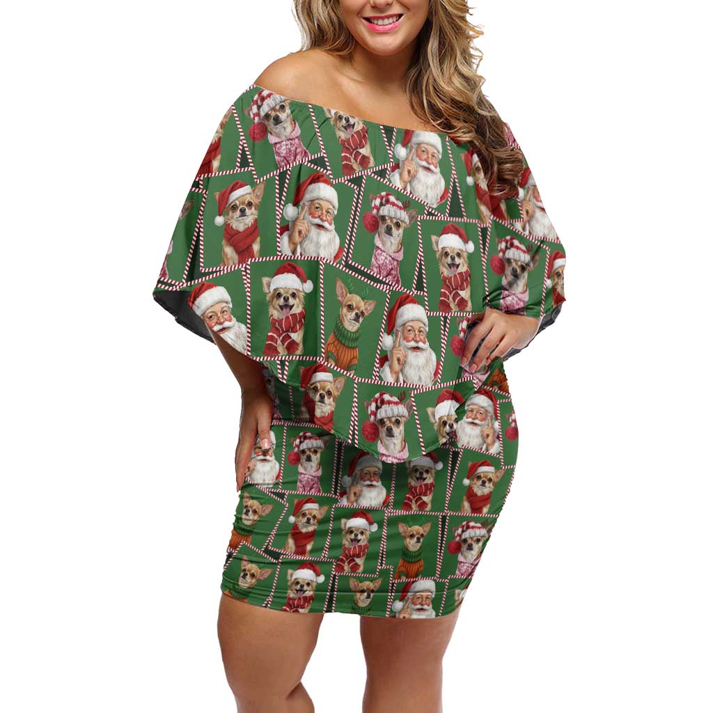 Chihuahua Santa Clau Christmas Off Shoulder Short Dress Xmas Holiday Patterns - Wonder Print Shop