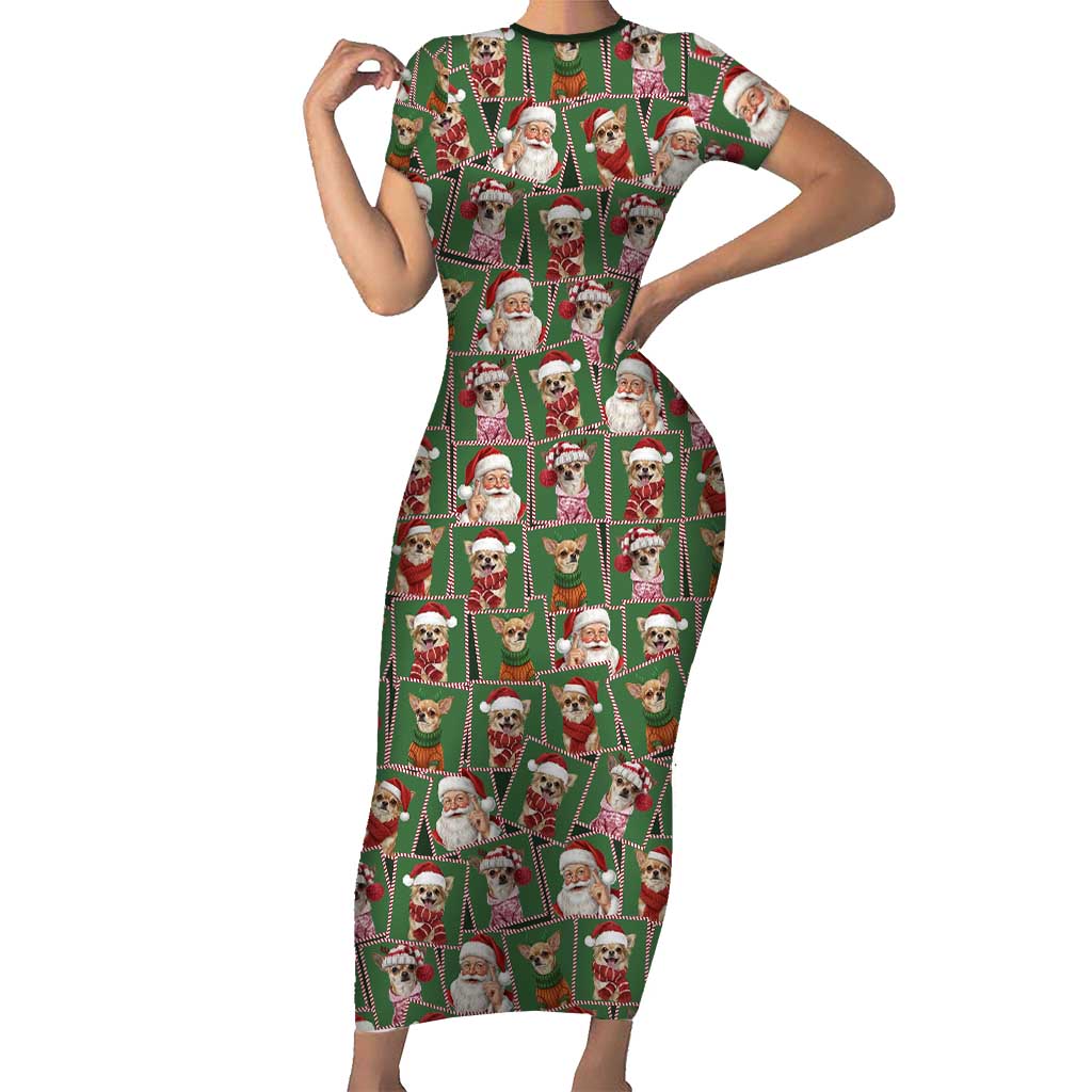 Chihuahua Santa Clau Christmas Short Sleeve Bodycon Dress Xmas Holiday Patterns - Wonder Print Shop