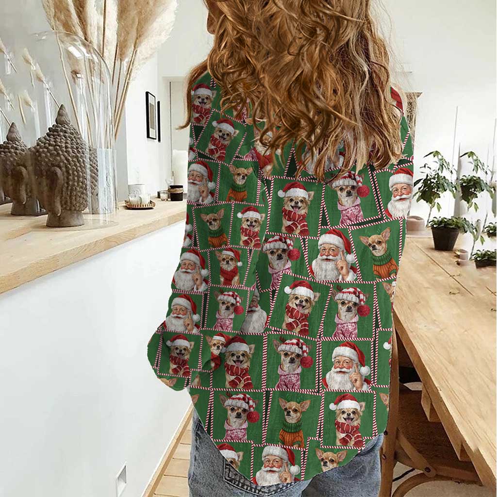 Chihuahua Santa Clau Christmas Women Casual Shirt Xmas Holiday Patterns - Wonder Print Shop