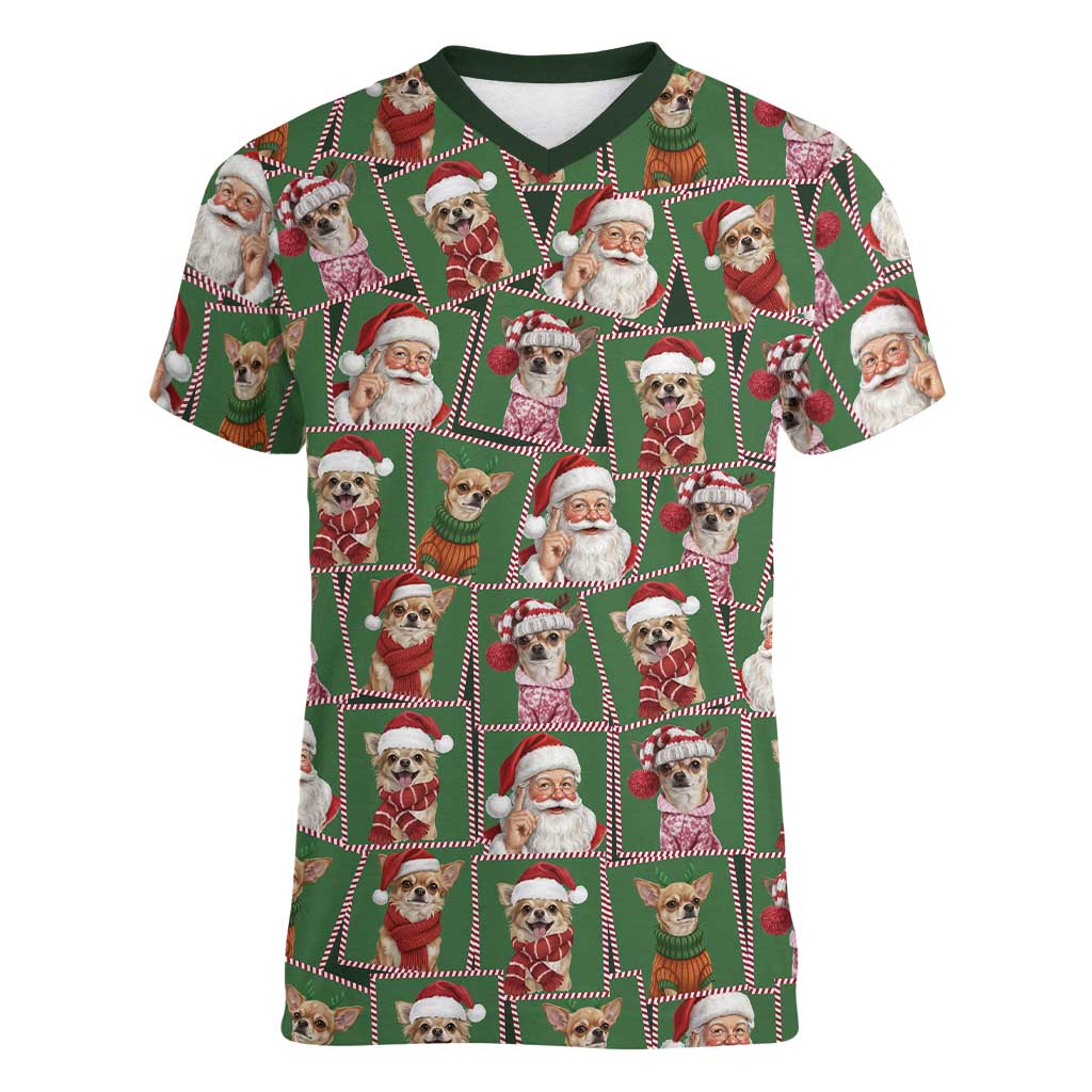 Chihuahua Santa Clau Christmas Women V-Neck T-Shirt Xmas Holiday Patterns - Wonder Print Shop