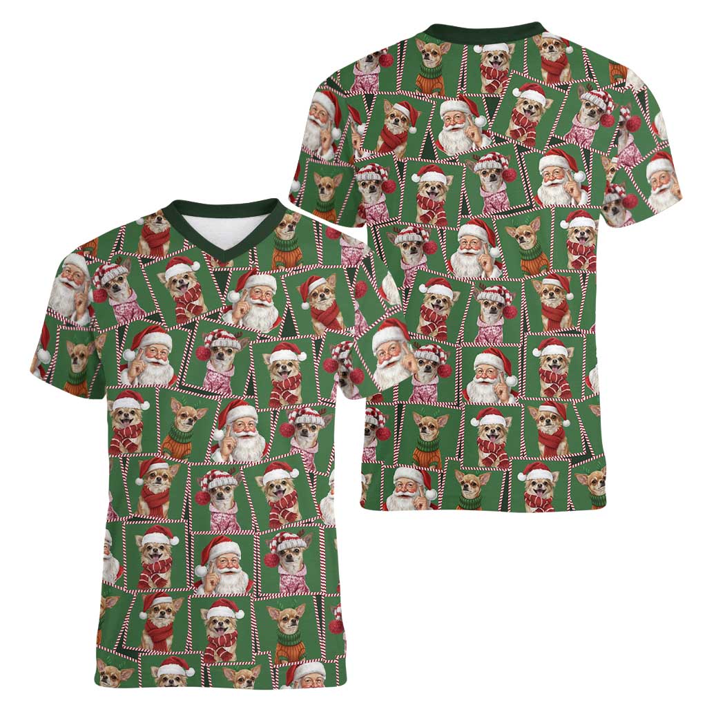 Chihuahua Santa Clau Christmas Women V-Neck T-Shirt Xmas Holiday Patterns - Wonder Print Shop