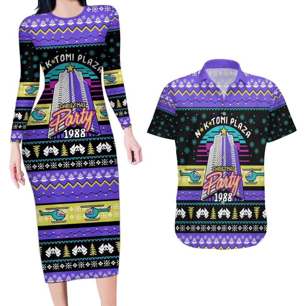 Christmas Party 1988 Nakatomi Plaza Couples Matching Long Sleeve Bodycon Dress and Hawaiian Shirt Xmas Holiday Patterns - Wonder Print Shop