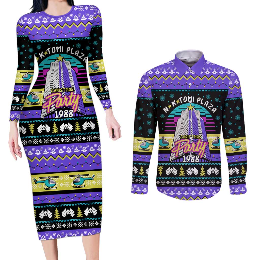 Christmas Party 1988 Nakatomi Plaza Couples Matching Long Sleeve Bodycon Dress and Long Sleeve Button Shirt Xmas Holiday Patterns - Wonder Print Shop