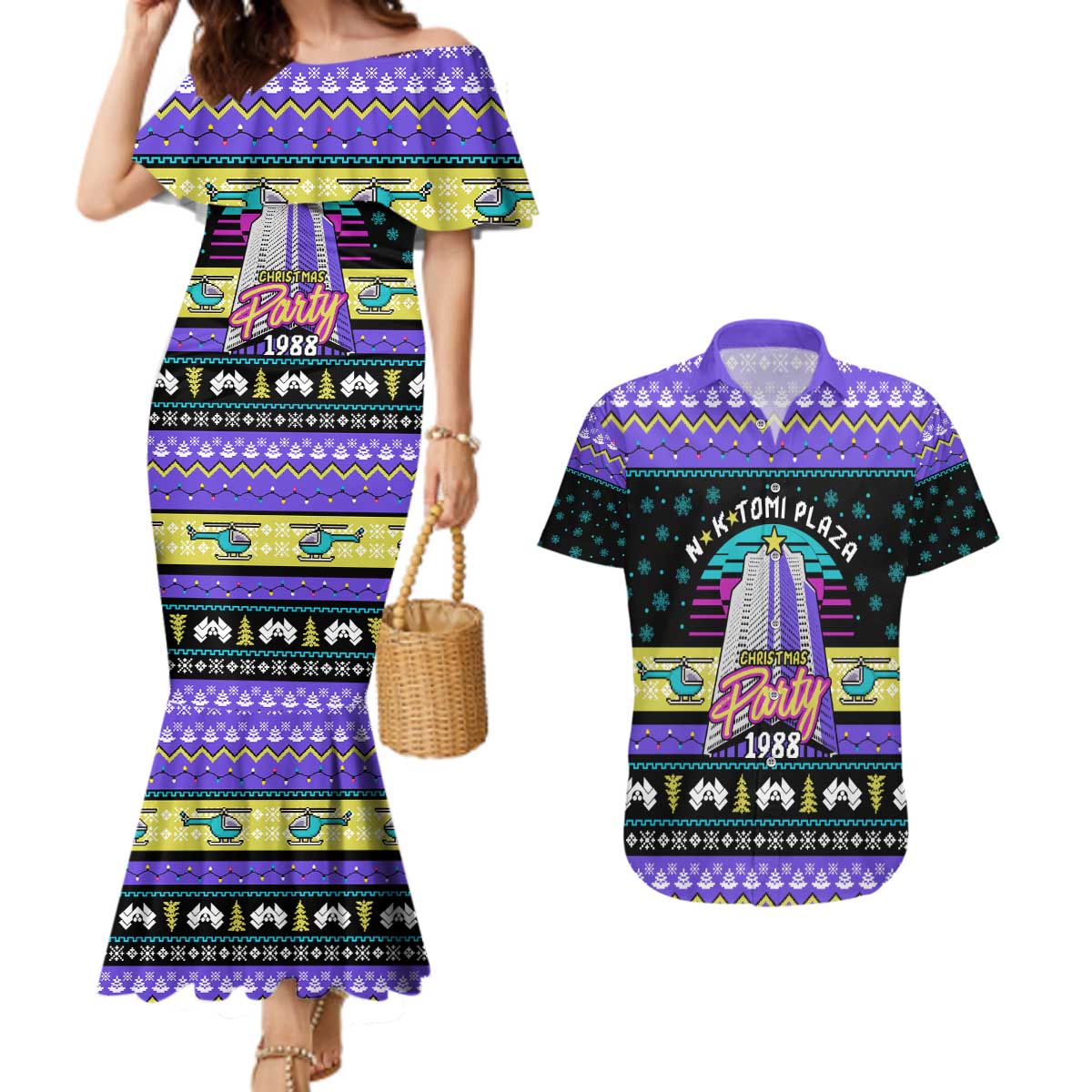Christmas Party 1988 Nakatomi Plaza Couples Matching Mermaid Dress and Hawaiian Shirt Xmas Holiday Patterns - Wonder Print Shop