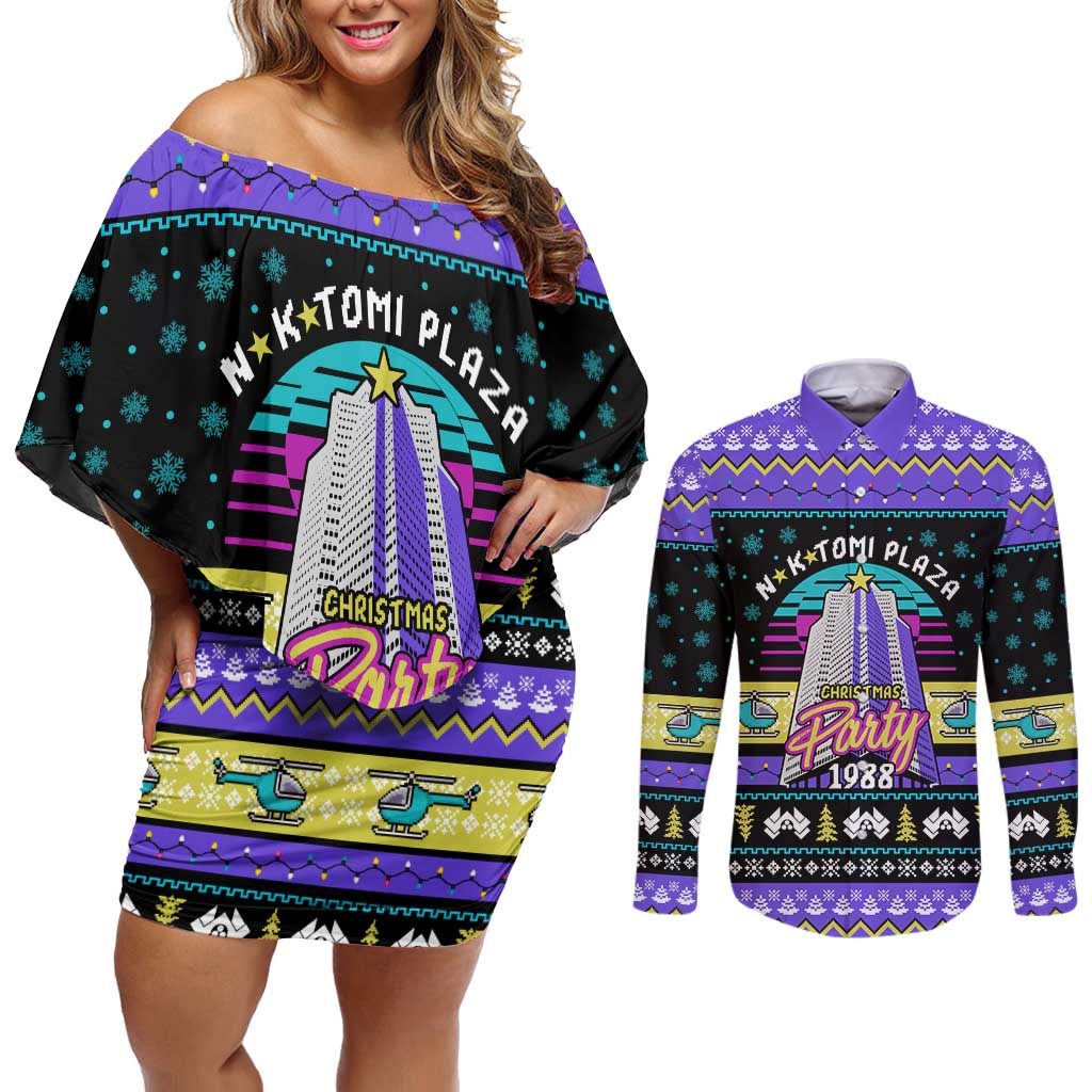 Christmas Party 1988 Nakatomi Plaza Couples Matching Off Shoulder Short Dress and Long Sleeve Button Shirt Xmas Holiday Patterns - Wonder Print Shop
