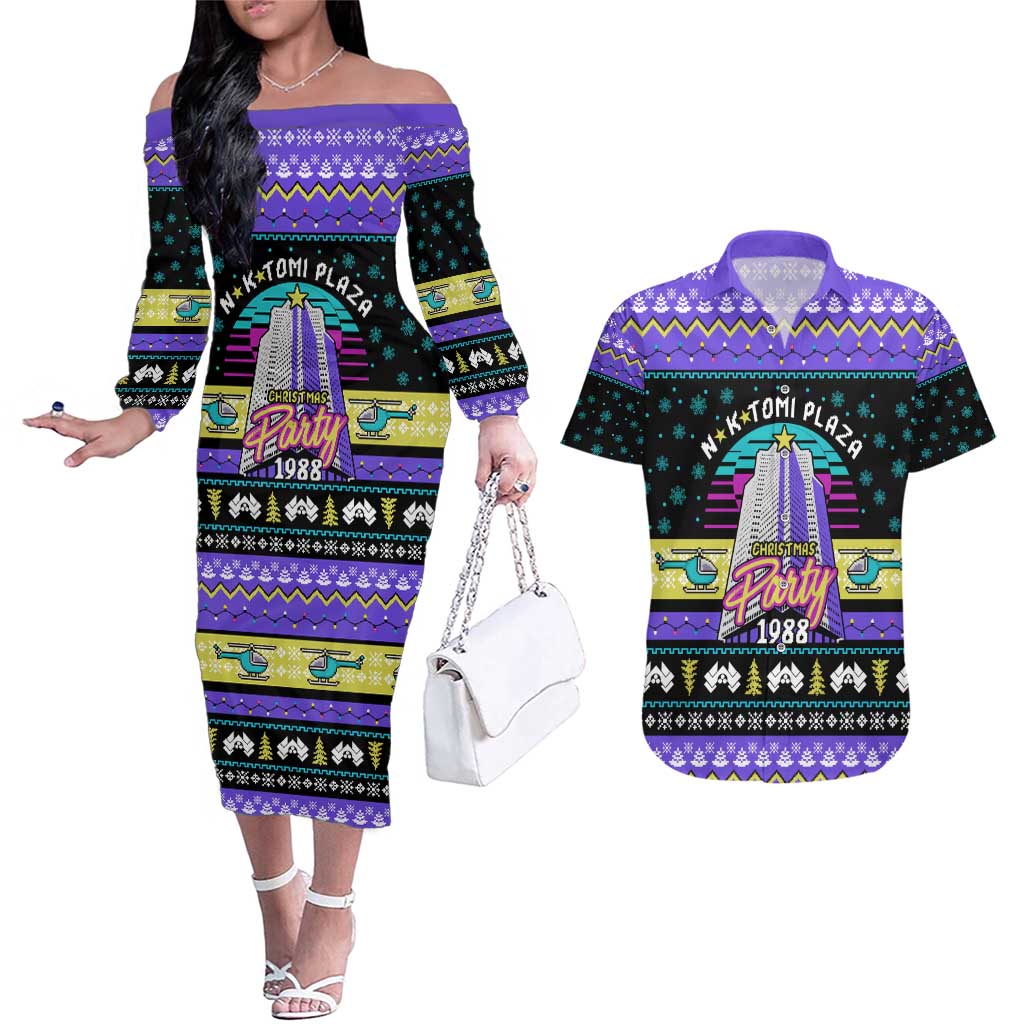 Christmas Party 1988 Nakatomi Plaza Couples Matching Off The Shoulder Long Sleeve Dress and Hawaiian Shirt Xmas Holiday Patterns - Wonder Print Shop