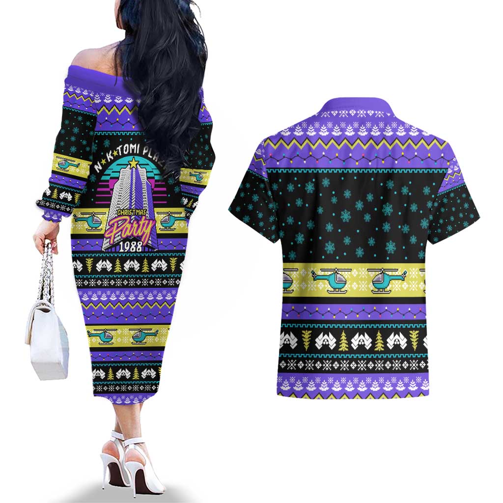 Christmas Party 1988 Nakatomi Plaza Couples Matching Off The Shoulder Long Sleeve Dress and Hawaiian Shirt Xmas Holiday Patterns - Wonder Print Shop