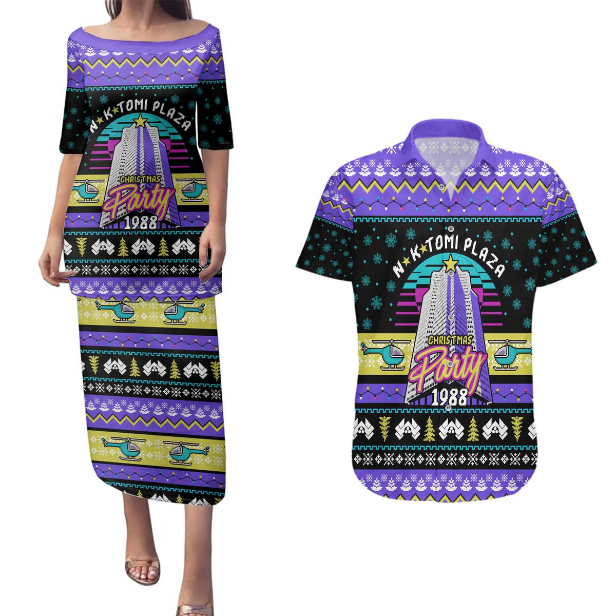 Christmas Party 1988 Nakatomi Plaza Couples Matching Puletasi and Hawaiian Shirt Xmas Holiday Patterns - Wonder Print Shop