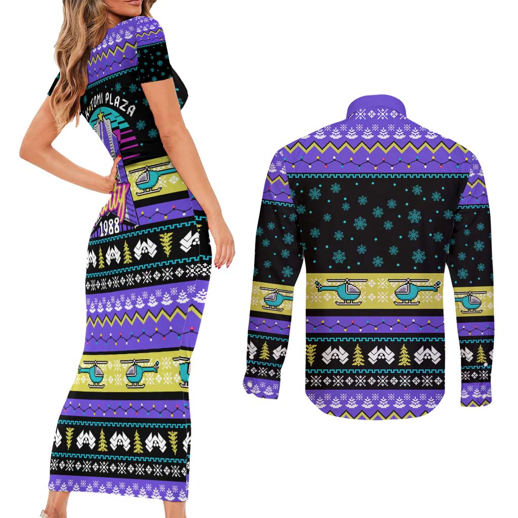 Christmas Party 1988 Nakatomi Plaza Couples Matching Short Sleeve Bodycon Dress and Long Sleeve Button Shirt Xmas Holiday Patterns - Wonder Print Shop