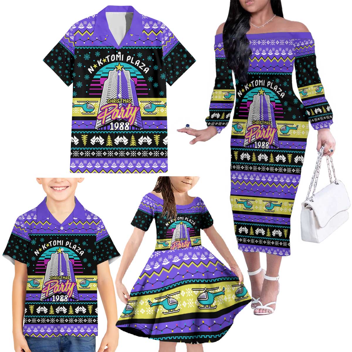 Christmas Party 1988 Nakatomi Plaza Family Matching Off The Shoulder Long Sleeve Dress and Hawaiian Shirt Xmas Holiday Patterns - Wonder Print Shop