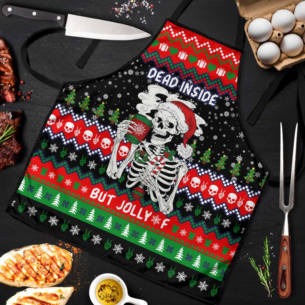 Dead Inside But Jolly Af Christmas Skeleton Apron Xmas Holiday Patterns - Wonder Print Shop