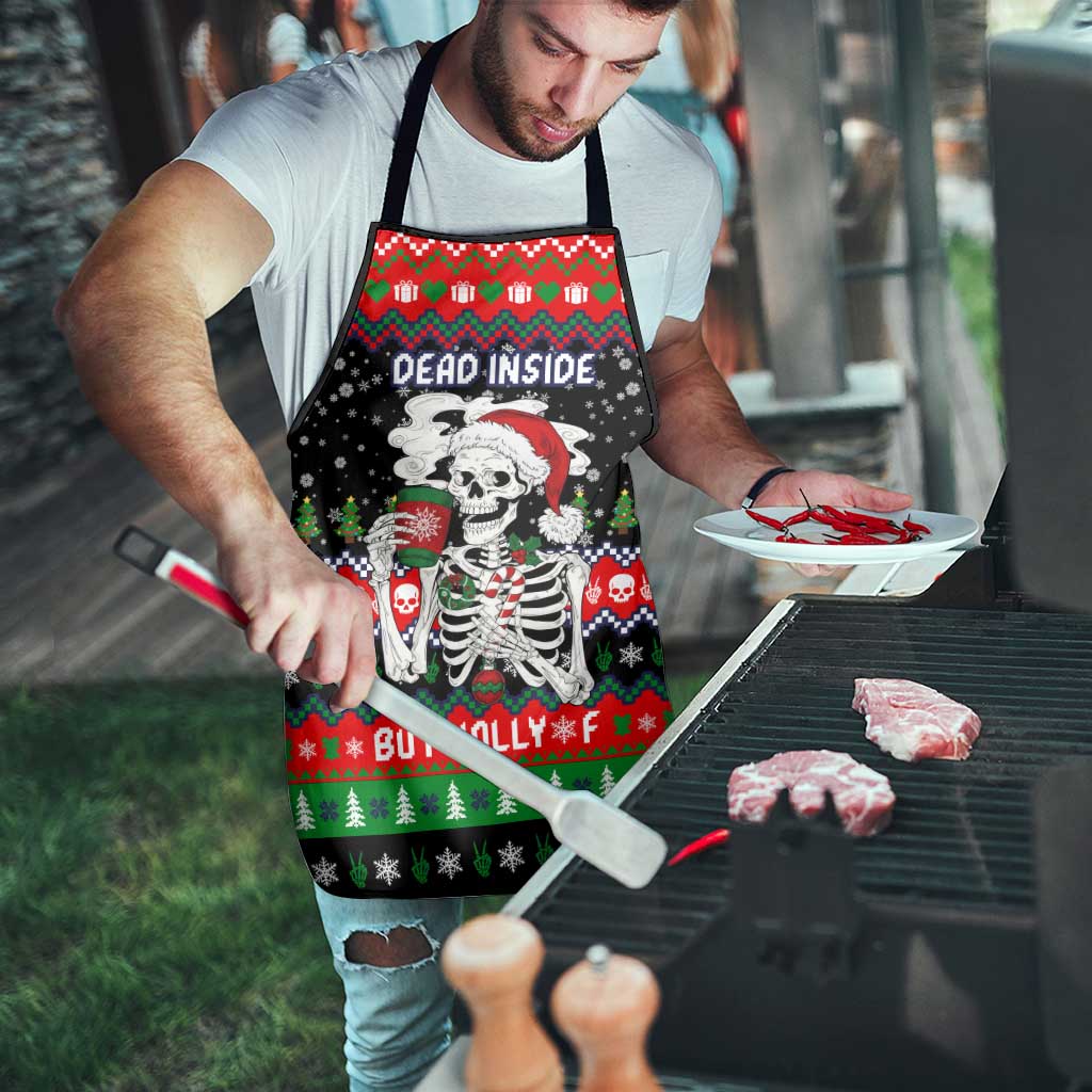 Dead Inside But Jolly Af Christmas Skeleton Apron Xmas Holiday Patterns - Wonder Print Shop